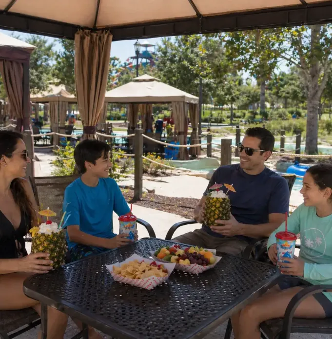 Family of four relaxing under a shaded waterpark cabana with snacks and tropical drinks beside a lazy river.