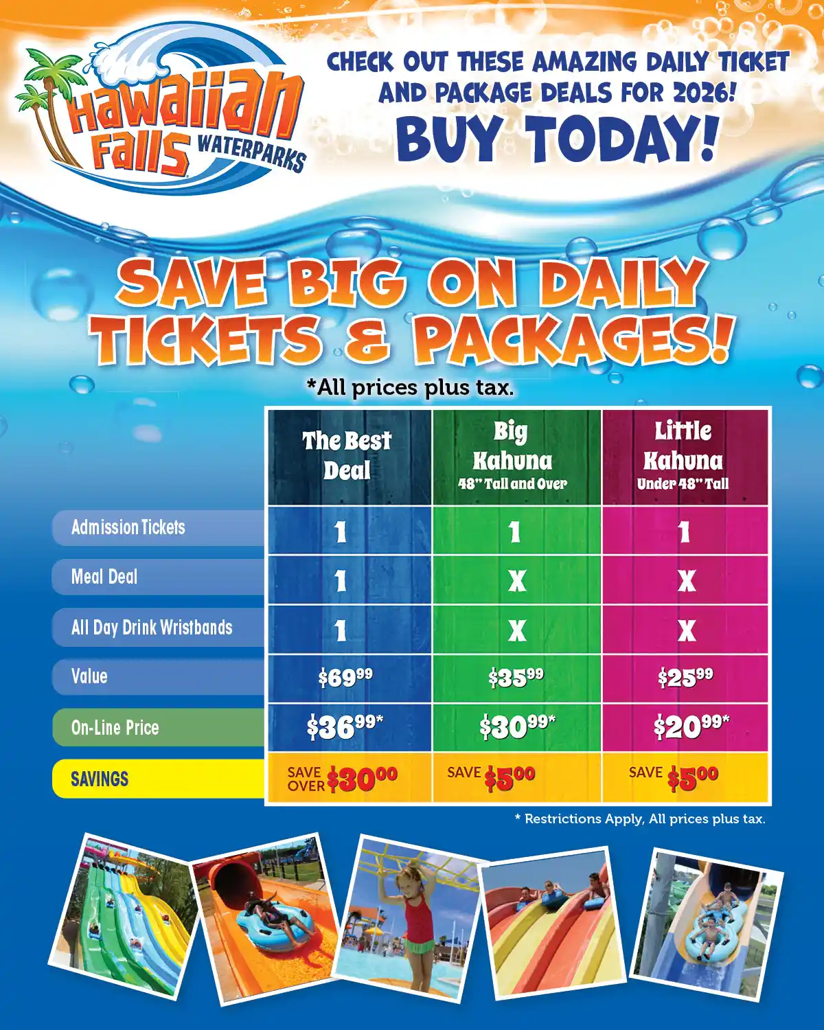 2026 daily tickets at Hawaiian Falls