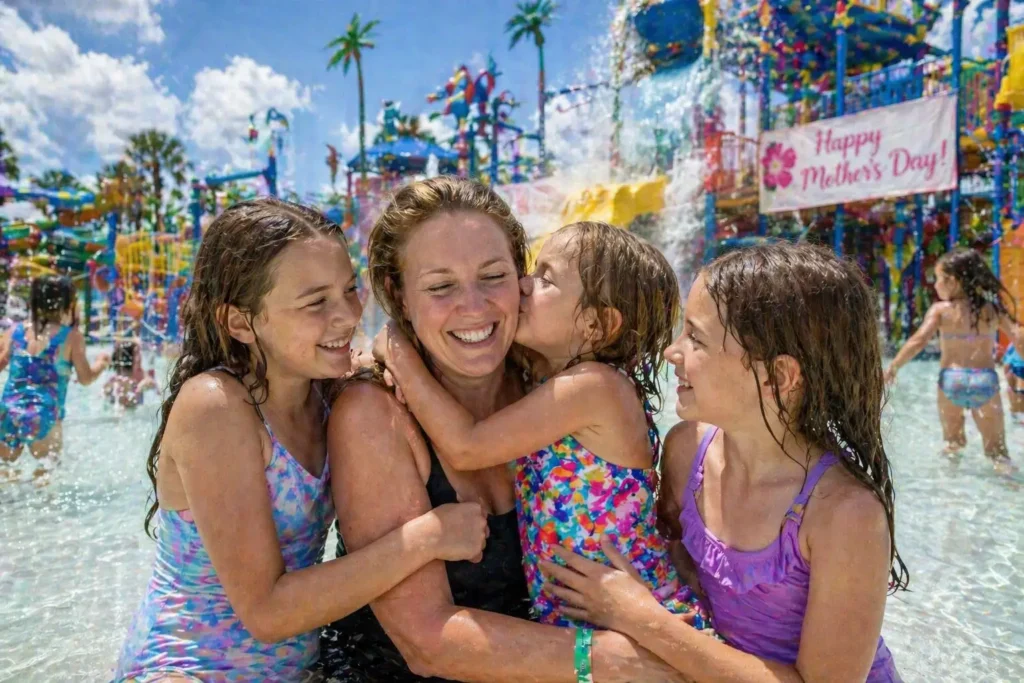 Mother smiling with her three children while playing in a shallow splash area at a sunny waterpark.