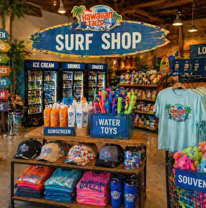 Compact Hawaiian Falls Surf Shop display with shirts, hats, sunscreen, water toys, snacks, drinks, souvenirs, sunglasses, and lockers.